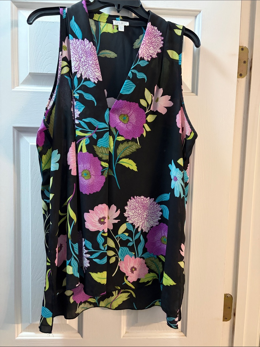 Spense  Black Strapless Floral Blouse with Pink, Purple & Teal Flowers